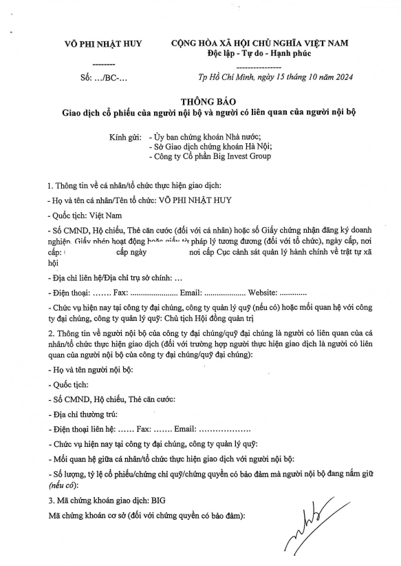 Thông báo giao dịch cổ phiếu của ông Võ Phi Nhật Huy ngày 15/10/2024