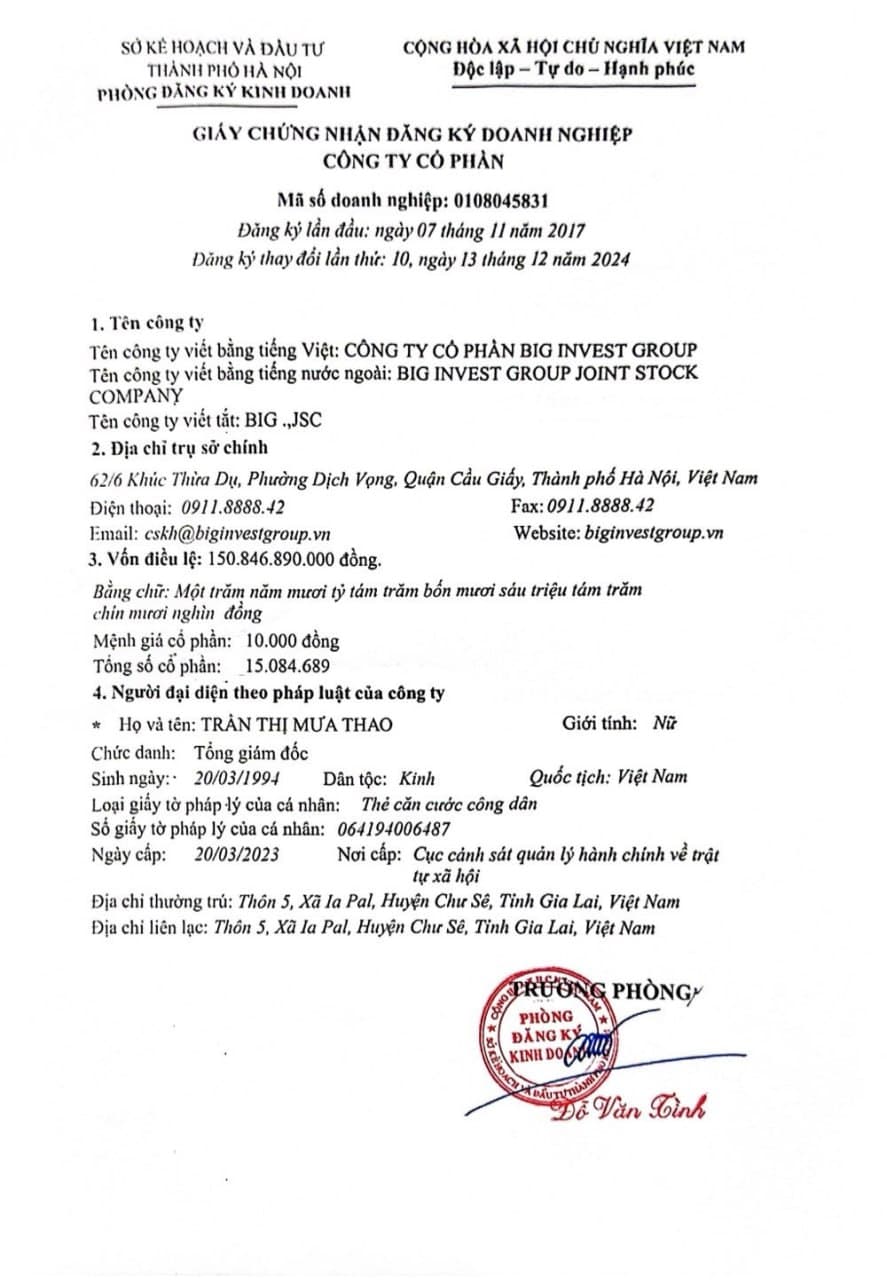 Công bố thông tin thay đổi Giấy chứng nhận đăng ký doanh nghiệp lần 10 của Công ty Cổ phần Big Invest Group